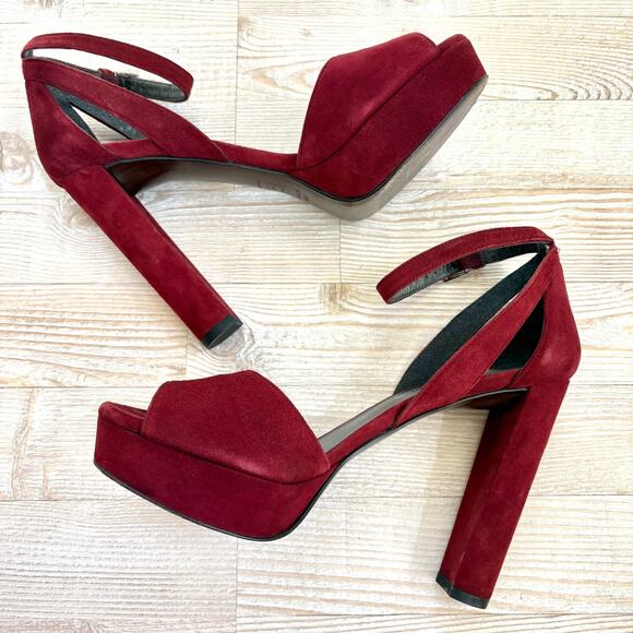 Stuart Weitzman Hijinx Platform Suede Peep Toe Heels | Deep Red Size 9 - Picture 4 of 11